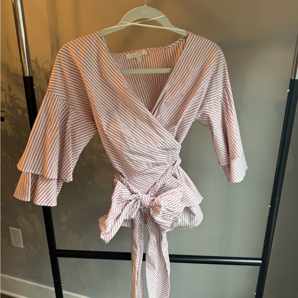Striped Wrap Blouse with Ruffle Sleeves